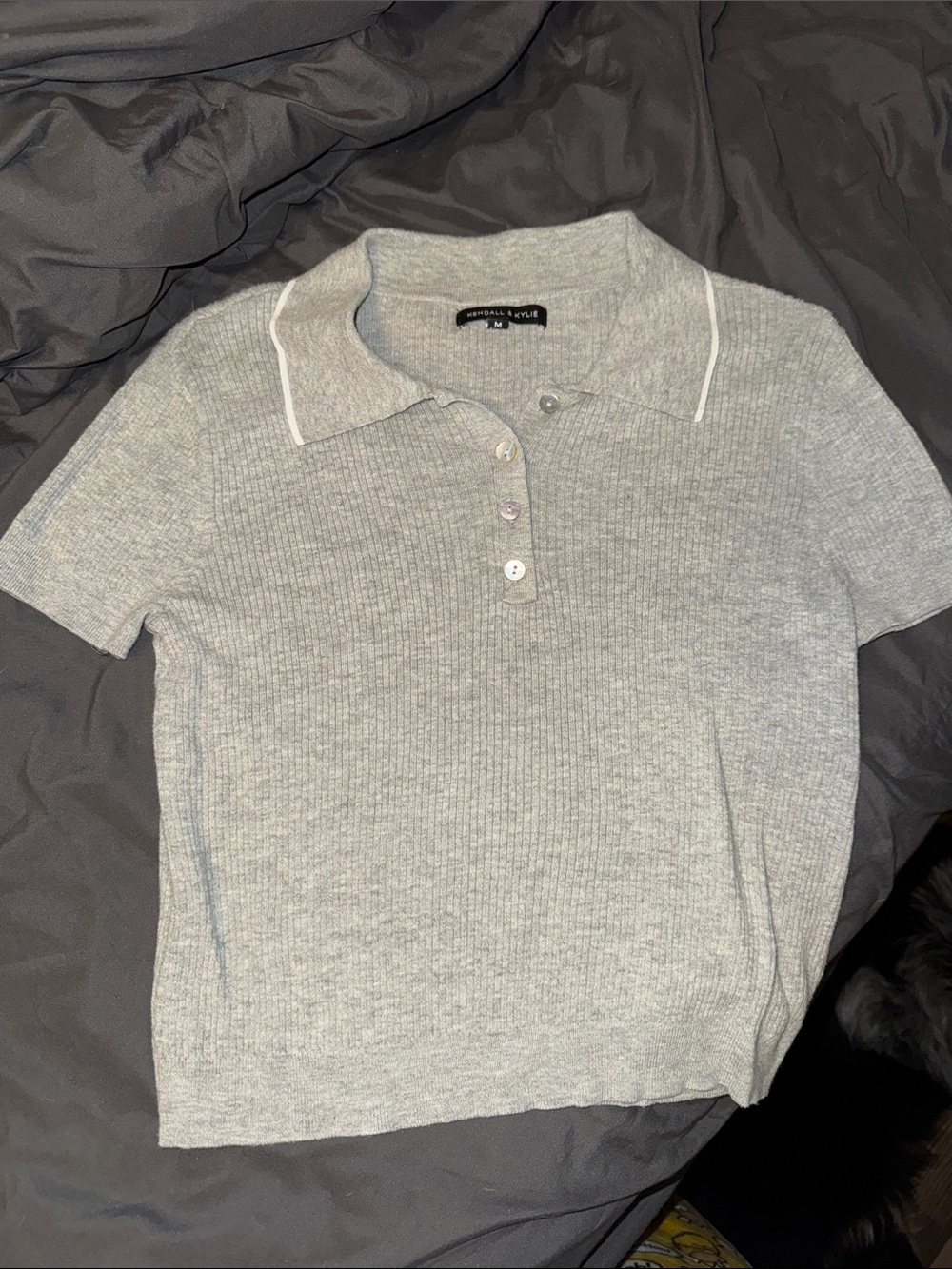Kendall & Kylie Heather Gray Ribbed Polo with White Trim